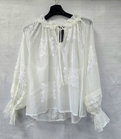 Luxury Tencel Embroidery Tie Cotton Blouse