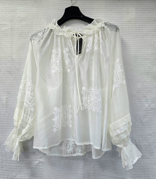 Luxury Tencel Embroidery Tie Cotton Blouse