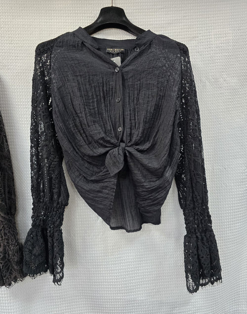 Luxury Eyelash Lace Cotton Crinkle Tie Blouse