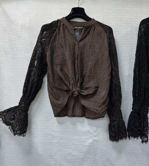 Luxury Eyelash Lace Cotton Crinkle Tie Blouse
