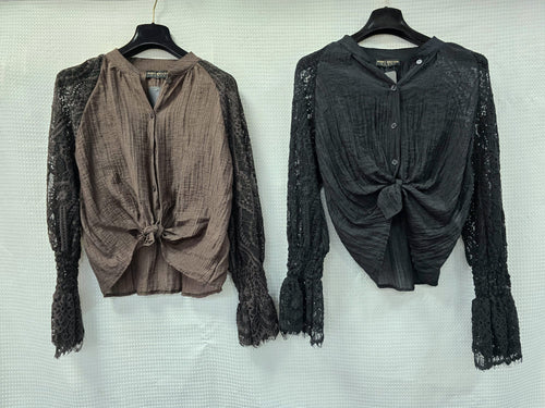 Luxury Eyelash Lace Cotton Crinkle Tie Blouse