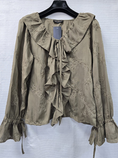 Luxury V Neck Velvet Trim Detail Frill Shirt