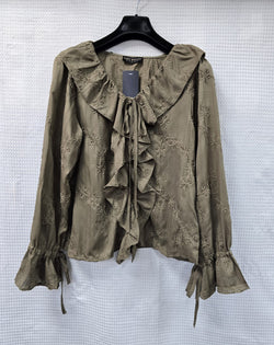 Luxury V Neck Velvet Trim Detail Frill Shirt