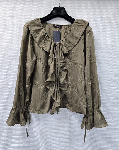 Luxury V Neck Velvet Trim Detail Frill Shirt