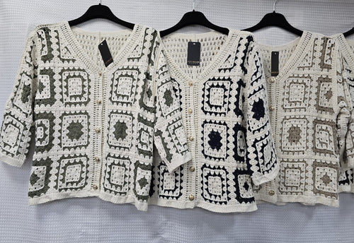 Pure Cotton Gold Button Tonal Crochet Cardigan