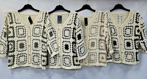 Pure Cotton Gold Button Tonal Crochet Cardigan