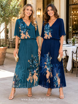 Maya Floral Digital Print V Neck Pleated Plisse Maxi Dress