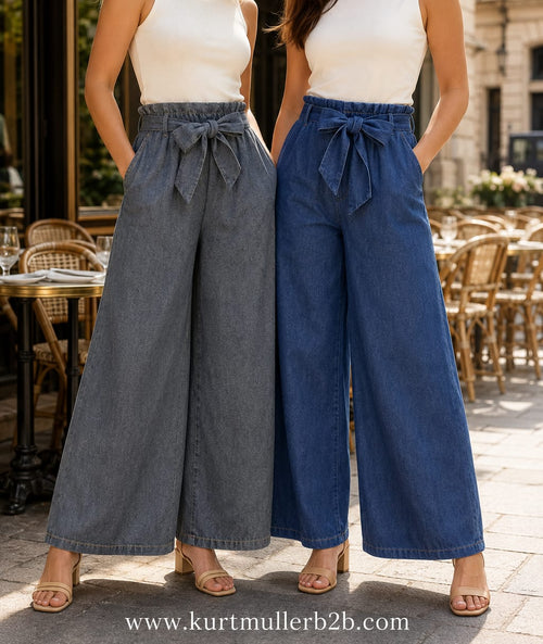 Royal Cotton Denim Bow Wide Leg Jean Trousers