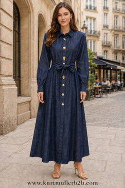 Cotton Denim Gold Sea Button Shirt Dress