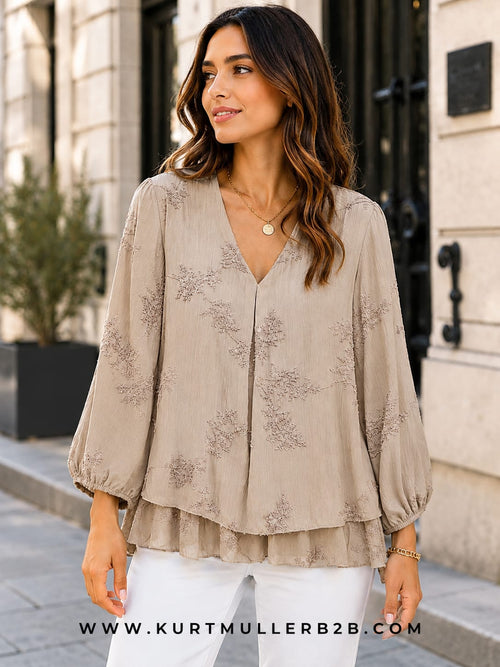 Jacquard V Neck Frill Hem Tunic Top
