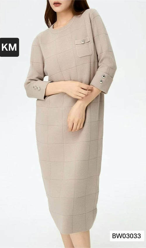 Metal Button Textured Knit Dress