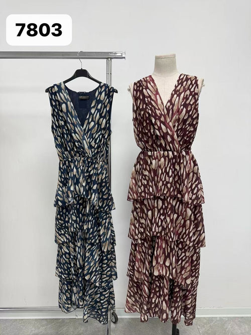 Pebble Print Crossover Layered Maxi Dress