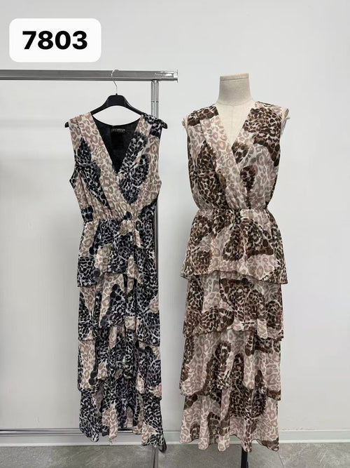 Contrast Animal Crossover Layered Maxi Dress