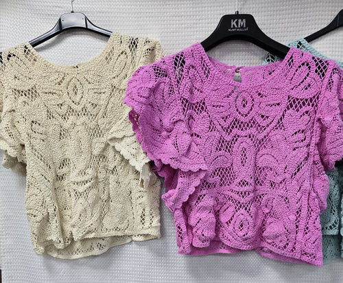 Pure cotton short frill sleeve top