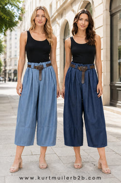 Barrel Leg Cotton Denim Belted Trousers