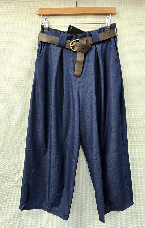 Barrel Leg Cotton Denim Belted Trousers