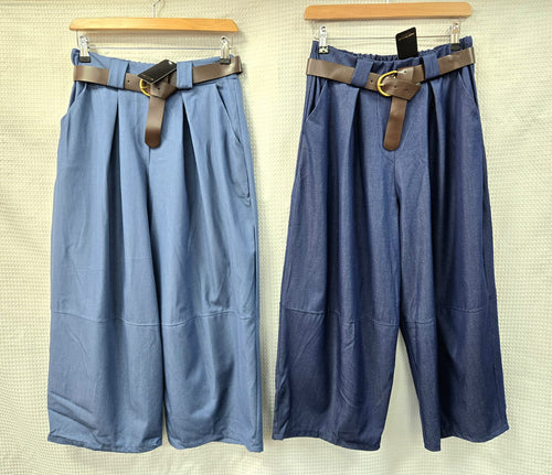 Barrel Leg Cotton Denim Belted Trousers