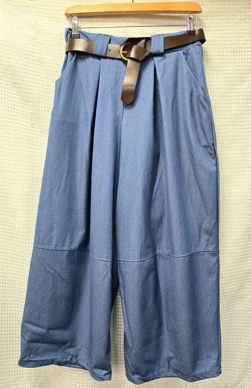 Barrel Leg Cotton Denim Belted Trousers