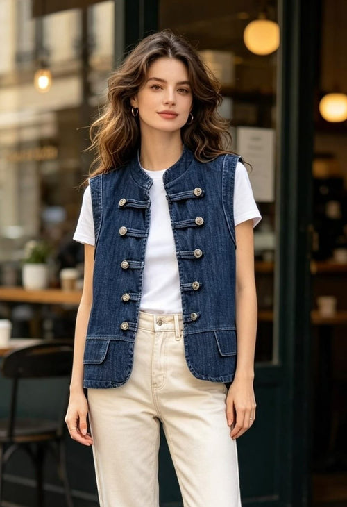 Denim Military Waistcoat Gilet