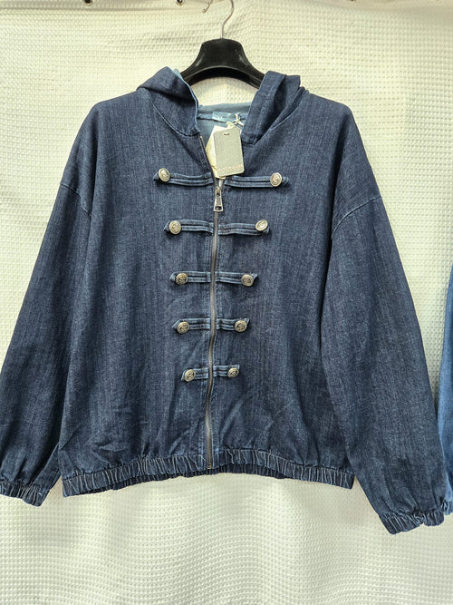 Denim Cotton Hoody Military Zip Jacket