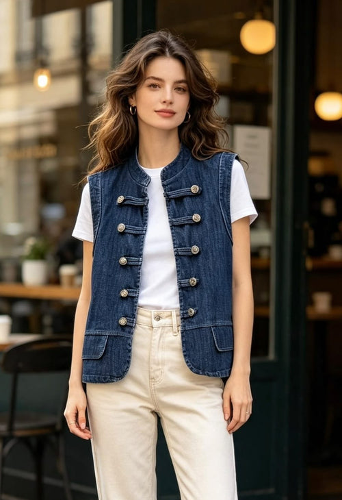 Denim Military Waistcoat Gilet