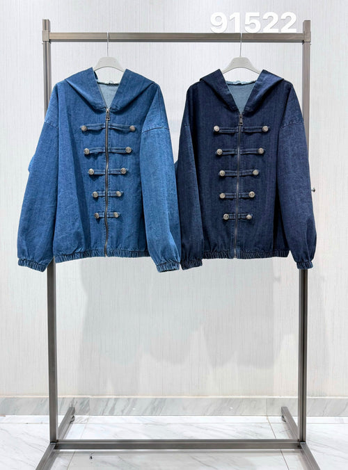 Denim Cotton Hoody Military Zip Jacket
