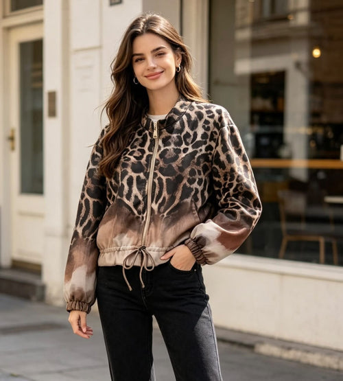 Suedette Leopard Zip Bomber Jacket