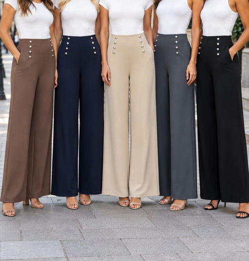 Silver Button Wide Leg Scuba Cotton Bi Stretch Trousers