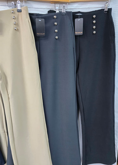 Silver Button Wide Leg Scuba Cotton Bi Stretch Trousers
