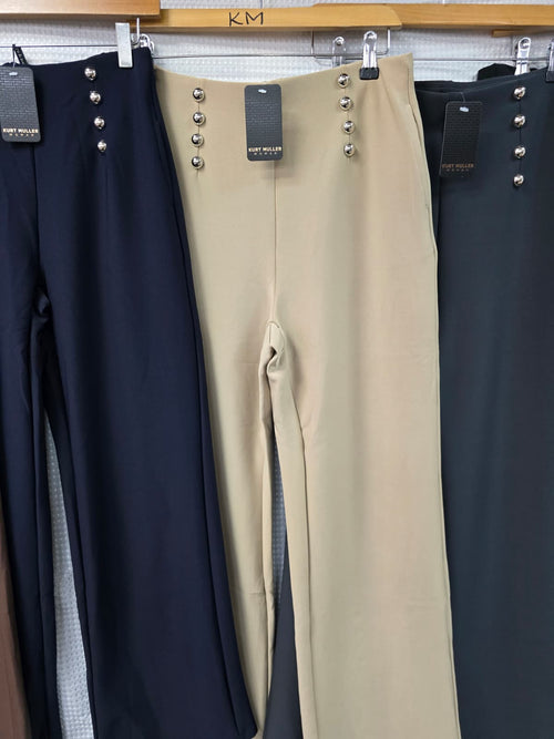 Silver Button Wide Leg Scuba Cotton Bi Stretch Trousers