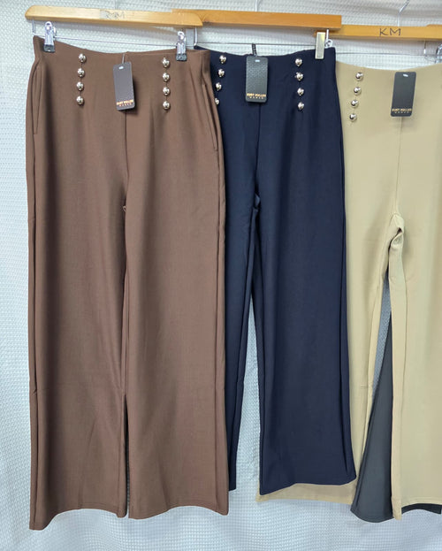 Silver Button Wide Leg Scuba Cotton Bi Stretch Trousers