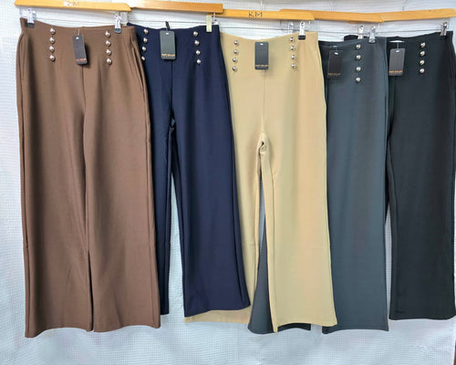 Silver Button Wide Leg Scuba Cotton Bi Stretch Trousers
