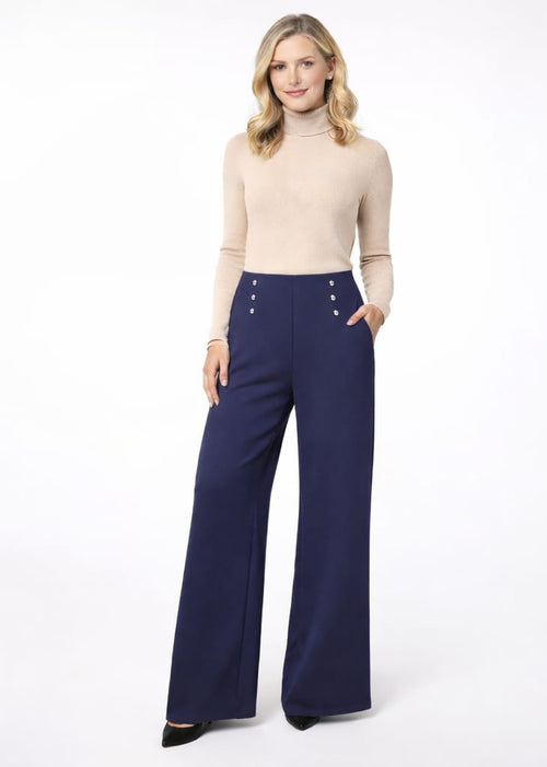 Silver Button Wide Leg Scuba Cotton Bi Stretch Trousers