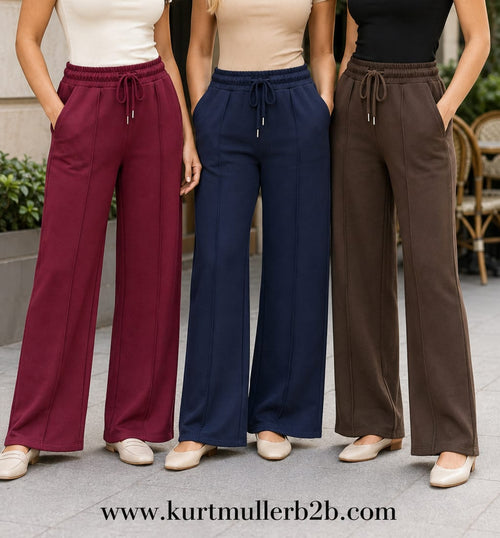 Seam Front Wide Leg Cotton Stretch Trousers