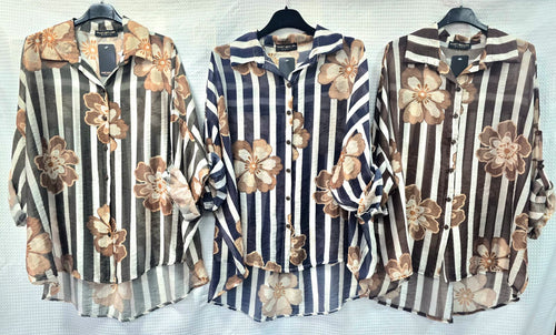 Tencel Stripe Floral High Low Shirt