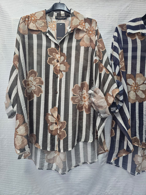 Tencel Stripe Floral High Low Shirt