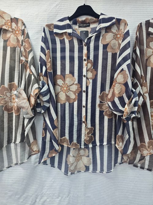 Tencel Stripe Floral High Low Shirt