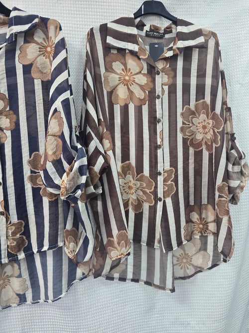 Tencel Stripe Floral High Low Shirt