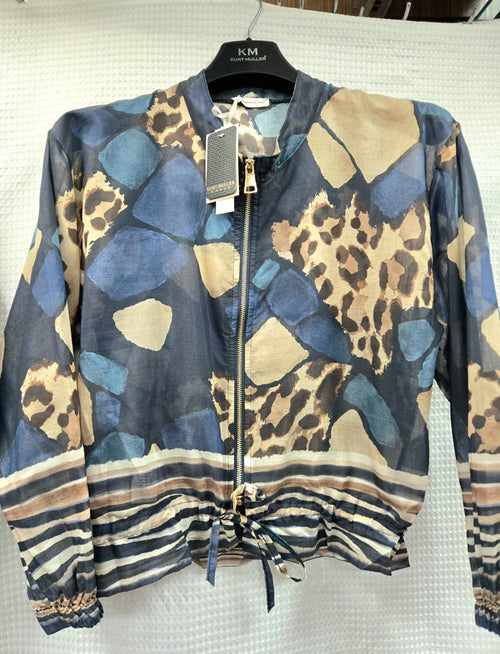 Blue Leopard Contrast Blouson Chiffon Zip Bomber Jacket
