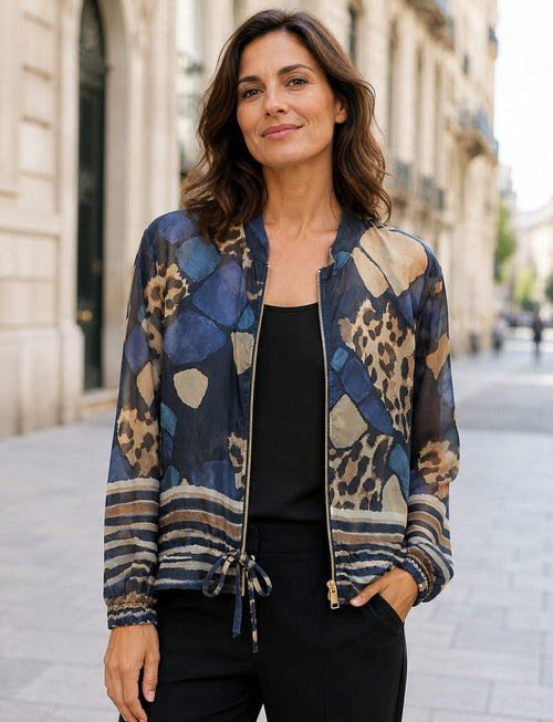 Blue Leopard Contrast Blouson Chiffon Zip Bomber Jacket