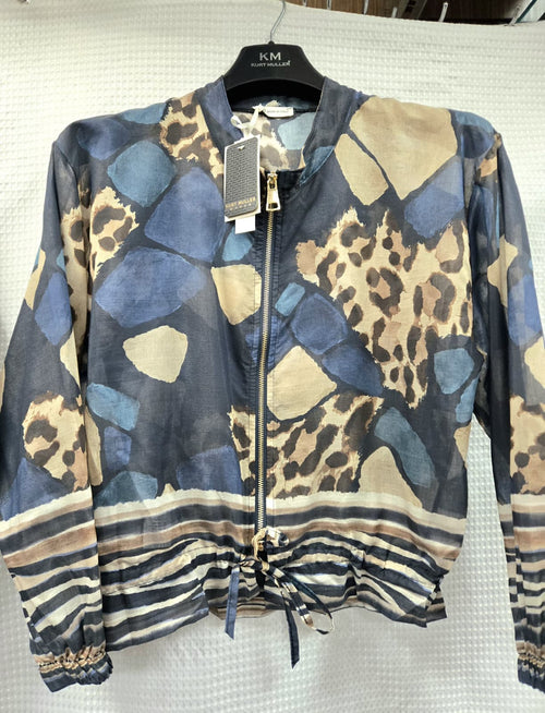 Blue Leopard Contrast Blouson Chiffon Zip Bomber Jacket
