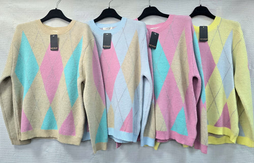 Soft Touch Crew Neck Argyle Diamond Knit Jumper