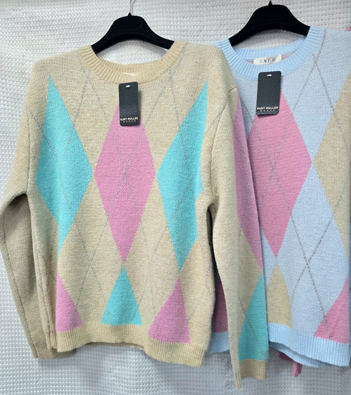 Soft Touch Crew Neck Argyle Diamond Knit Jumper