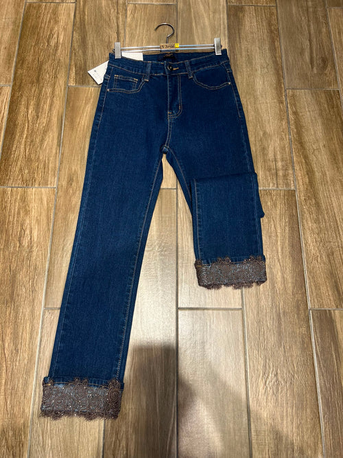 Chocolate Lace Trim Turn Up Indigo Wash Voggo Jeans