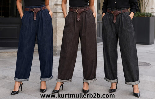 Belted Tweed Effect Trousers