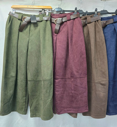 Suedette Belted Barrell Leg Trousers