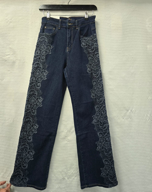 Indigo Side Lace Crochet Wide Leg Stretch Jeans