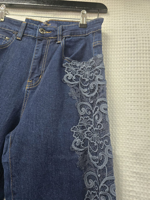 Indigo Side Lace Crochet Wide Leg Stretch Jeans