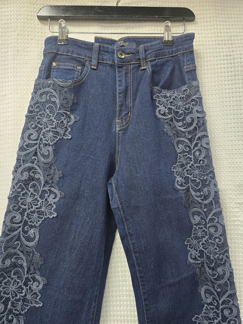 Indigo Side Lace Crochet Wide Leg Stretch Jeans