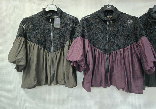 Velvet Lace Short Sleeve Crochet Blouson Jacket